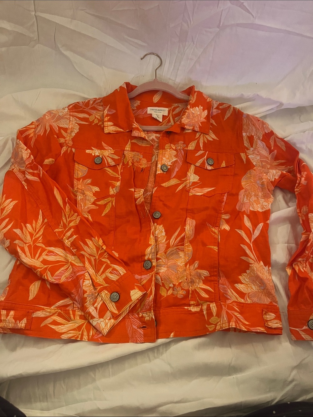 Cynthia Rowley Orange Floral Button-Up Jean Jacket
